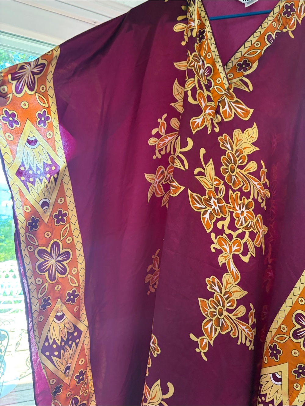 Women's Maxi Caftan Dress in Burgundy with Gold Floral Print - Picture 2 of 7